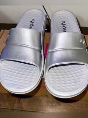 Ryka Silver Metallic Slide Sandals for Women